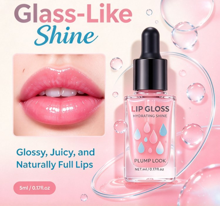 Glass Skin Lip Plumping Oil - 5ml Dropper Lip Glow Treatment for Dry Lips, Liquid Hydrating Lip Balm Serum, High-Shine Clear Lip Tint Gloss (0.17 fl oz)