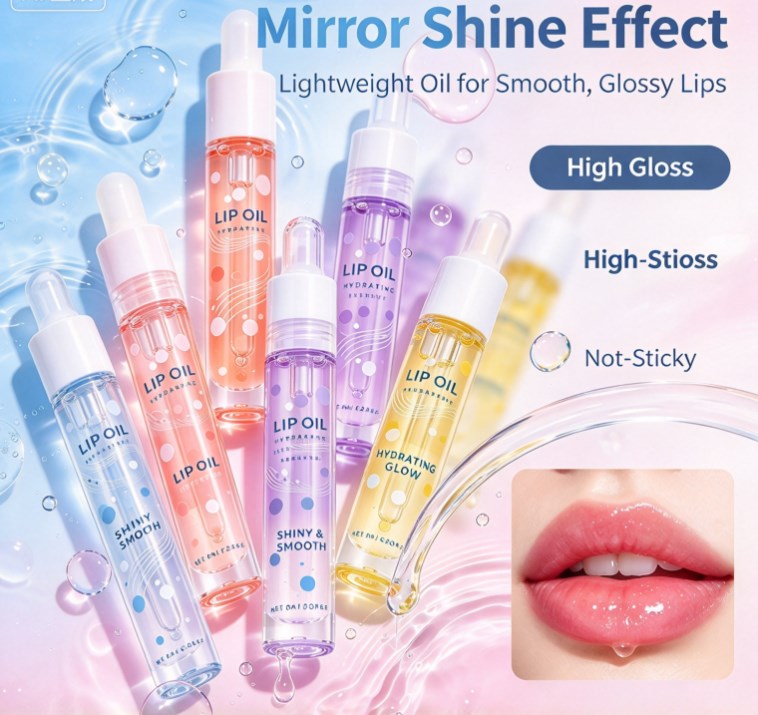 Hydrating Glow Lip Oil for Dry Lips, Non-Sticky Glass Shine Lip Gloss, Deep Moisturizing Lip Care Serum with Dropper Applicator (6ml / 0.20 fl oz)
