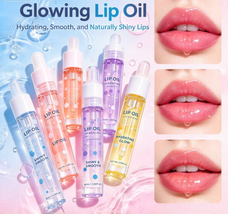 Hydrating Glow Lip Oil for Dry Lips, Non-Sticky Glass Shine Lip Gloss, Deep Moisturizing Lip Care Serum with Dropper Applicator (6ml / 0.20 fl oz)