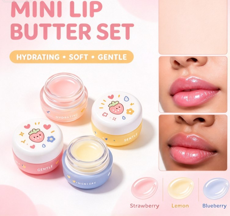 Mini Lip Butter Set – Hydrating & Softening Lip Balm Trio Pack for Dry Lips (Strawberry, Lemon, Blueberry)