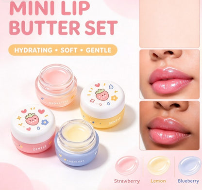 Mini Lip Butter Set – Hydrating & Softening Lip Balm Trio Pack for Dry Lips (Strawberry, Lemon, Blueberry)